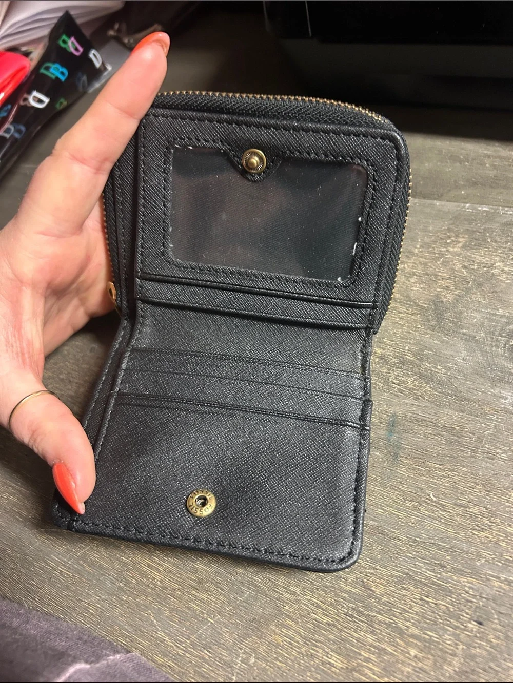 Fossil Black Pebbled Leather Wallet with Gold Hardware